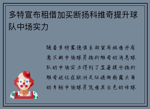 多特宣布租借加买断扬科维奇提升球队中场实力 多特宣布租借加买断扬科维奇提升球队中场实力