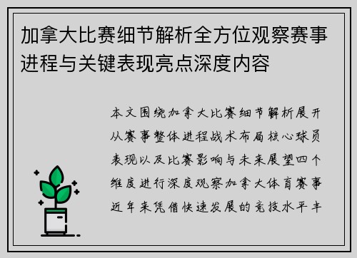 加拿大比赛细节解析全方位观察赛事进程与关键表现亮点深度内容